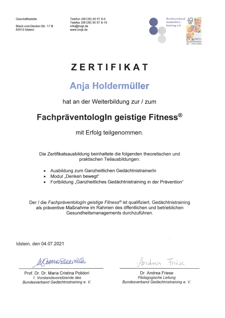 Zertifikat Fachpräventologin geistige Fitness (2)