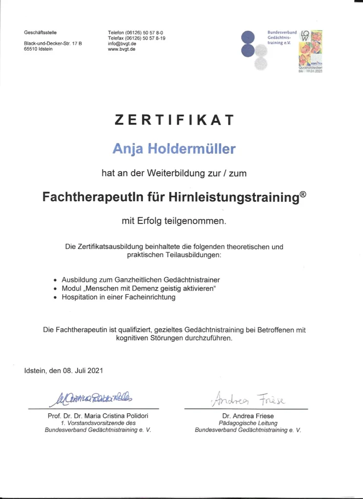 Zertifikat Fachtherapeutin für Hirnleistungstraining (1)